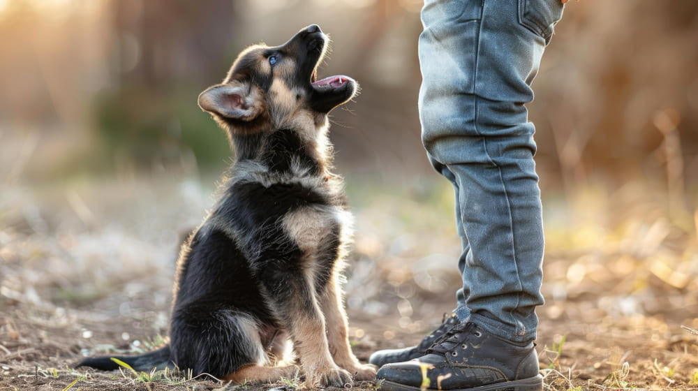 A German Shepherd Puppy Looks Up At Its Owner